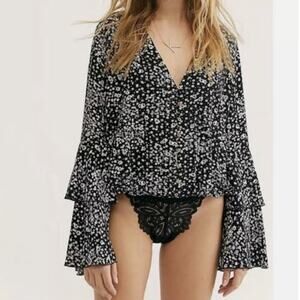 Intimately Free People Ditsy Black White Floral  Bell Sleeve Bodysuit Women's XS